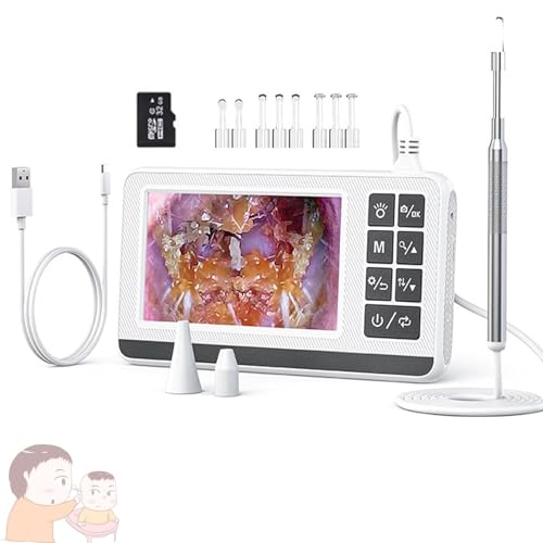 Wasd3Pods Otoscopio Digital De 4,3 Pulgadas, Cámara Endoscópica Oral Ent Visual HD De 1080p, Boroscopio De Alcance Limpiador De Oídos De 3,9 Mm, 2600 Mah,Tarjeta De Memoria De 32 G