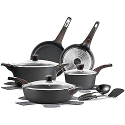 SENSARTE Pots and Pans Set Non stick, Non toxic Healthy Induction Cookware Sets, 14 Pcs Non Stick Kitchen Cooking Set with Frying Pans Set & Saucepan, PFOA PFOS Free, Black