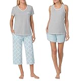 Carole Hochman Women's 4-Piece 100% Cotton Pajama Set – V-Neck T-Shirt, Tank, Capri Pants & Shorts with Drawstring & Pockets, Grey Heather, X-Large