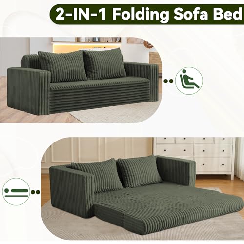 Image of HABUTWAY 68 inch Loveseat Boneless Couch, 4-in-1 Convertible Sofa Bed, Plush Fur Folding Futon Sofa Bed Couches with 2 Pillows for Living Room, High-Density Foam Support, No Assembly Required, Green