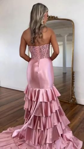 GATMAHE Corset Satin Prom Dresses for Women Tiererd Strapless Ruffles Mermaid Formal Evening Gowns with Slit4