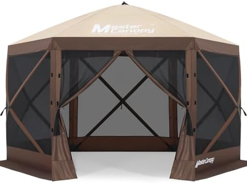 MASTERCANOPY 10x10FT Pop Up Gazebo Screen Tent - Instant Screen House with Netting, Quick Set, Outdoor Canopy Shelter with Carry Bag for Camping, Backyard & Patio (Beige&Coffee)