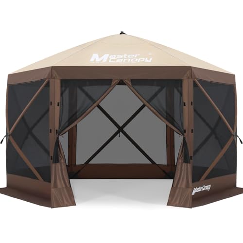 MASTERCANOPY 10x10FT Pop Up Gazebo Screen Tent - Instant Screen House with Netting, Quick Set, Outdoor Canopy Shelter with Carry Bag for Camping, Backyard & Patio (Beige&Coffee)