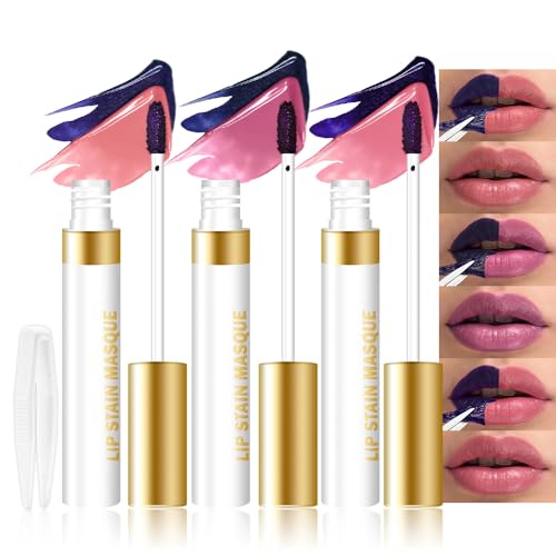 evpct 3Pcs Peel Off Lip Stain Tints with Tweezer, Liquid Lipstick Lip Stain Gloss Long Lasting Waterproof for Women, Non-stick Cup Lipstick Peel Off Highly Pigmented 24 Hrs Original Lips Stains, Set01