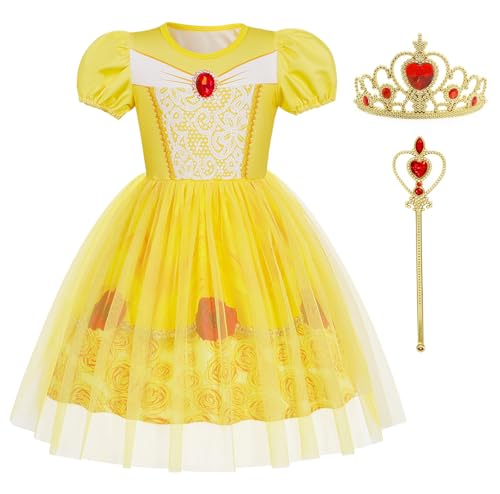Benylion Snow Princess Costume Dress for Girls Birthday Party Dresses with Crown Wand Tulle Dress Halloween Cosplay Outfits