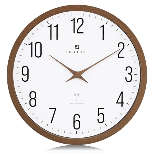 Lafocuse 30CM Funk Wanduhr mit Holz Zeiger, Hohe Genauigkeit Funkuhr Braun, Einfach zu Lesen Modern Wanduhren Deko für Küche Wohnzimmer Büro Schule