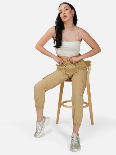 Image of fabcoast Multi-Pocket Cargo Cotton Poplin Jogger Pants for Women Summer Wear Full Elastic with Drawstring and 2 Side Pockets, 2 Back Pockets and 2 Leg Pockets