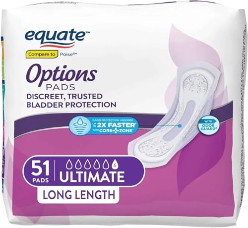 Equate Options Women's Incontinence Pads, Ultimate Absorbency, Long Length (51 Count) with IncrediShop Gift Bookmark.