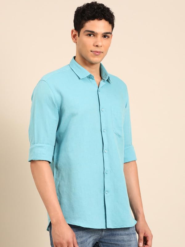 Image of Linen Club Men's Pure Linen Olive Solid Contemporary Fit Full Sleeve Casual Shirt