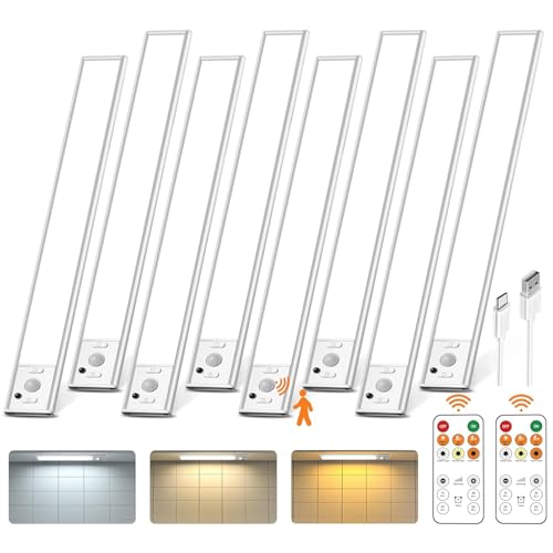 Image of 8 Pack Under Cabinet Lighting Rechargeable 12 inch Motion Sensor Light Indoor | 2500mAh Closet Lights Wireless, 3 Color Temps & Dimmable, Timer, Magnetic Under Counter Lights for Kitchen, Wardrobe, Stairs