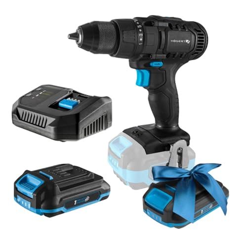 HÖGERT TECHNIK Set de taladro atornillador a batería 18V, 50 Nm de par, batería 2,0 Ah, cargador 4A, engranaje metálico, iluminación LED, portabrocas Auto Lock + PROMO batería 2,0 Ah