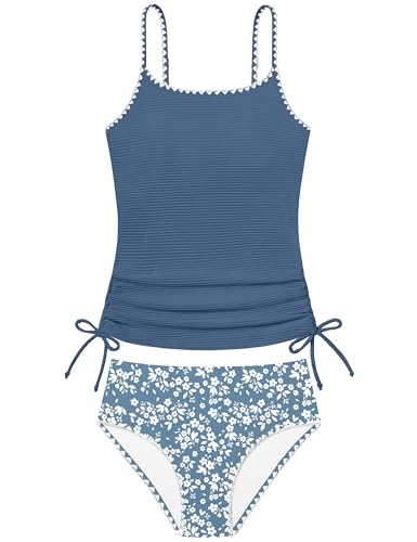 Image of Girls Tankini Swimsuit 2 Piece Set Unique Edge Girl Bathing Suit with Drawstring + Swim Briefs Swimwear Set for 9-16Y