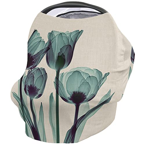 Nursing Cover for Breastfeeding Scarf, Turquoise Green Flower Baby Car Covers Super Soft Multi Use for Canopy Shopping Cart Cover Blanket Stroller Cover