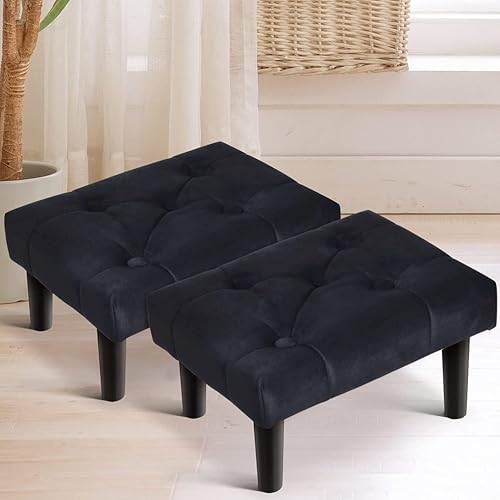 Image of Additional Seating for The Living Room, Office, or Entryway: Wood Legs, Velvet Soft Foot Stool Ottoman, Sofa Footrest (Set of 2-Black)