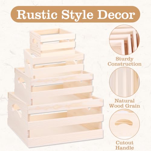 GRETJOB Wooden Crates with Handles, 4 Set Rustic Wooden Crates for Display, Small Wood Crates Box for for Kitchen, Office, Bedroom, Closet, Rustic Country Decor - Image 4