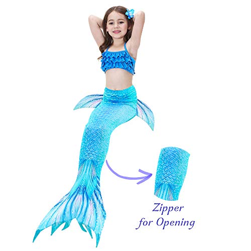 Danvren Girls Swimsuit Mermaid Tails for Swimming Party Supplies Costume Swimwear Bikini 3 Pcs for 3-12Y (Crystal Blue Design,3-4 T - Thumbnail 5