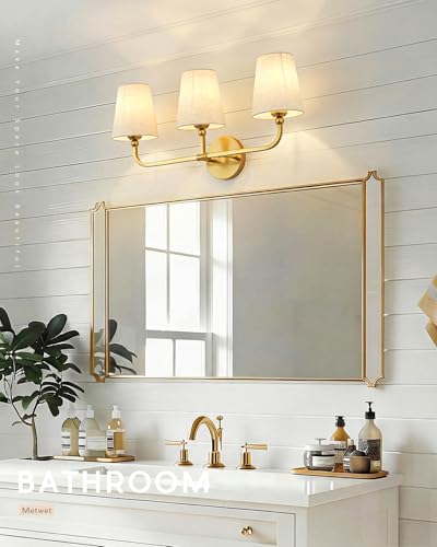Image of 3-Light Bathroom Light Fixtures, Brushed Gold Vanity Lights with Linen Fabric Shade, Modern Sconces Wall Lighting for Hallway Bedroom, Upward Lighting, VL837-BG-A-3