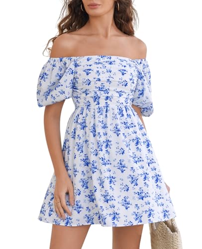 Image of Women Puff Sleeve Graduation Short Dress | Square Neck A Line Casual Sundress Beach Wedding Guest Mini Dress