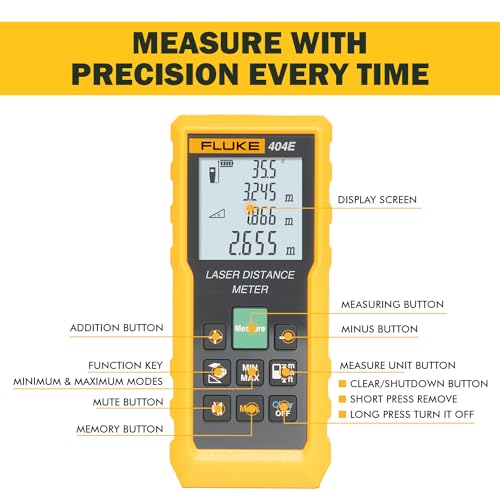 Image of Fluke 404E 40mtr Digital Laser Distance Meter Tape with Free Carry Case Large LCD Display IP54 Dust & Water Resistant Distance Area and Volume Measurement (1 Year Warranty)