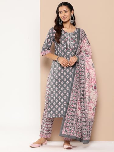 Image of Libas Yellow Yoke Design Cotton Straight Kurta with Trousers & Dupatta
