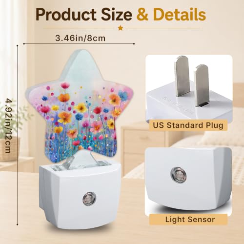 Image of Watercolor Floral Star Night Light Plug in, Decorative Night Light for Kids Room Nursery Bedroom, Soft Glow Sensor Lamp for Hallway Bathroom, Compact Energy Saving