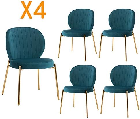 DAGONHIL Velvet Dining Chair,Upholstered Makeup with Golden Metal Leg,Set of 4(Teal Green)
