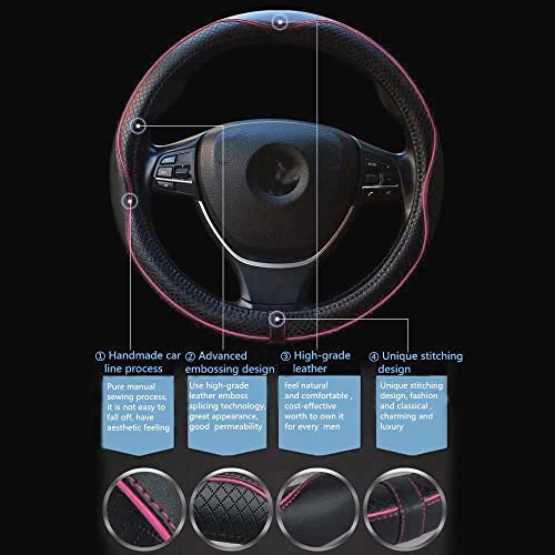 Image of Car Steering Wheel Cover, Anti-Slip, Safety, Soft, Breathable, Heavy Duty, Thick, Full Surround, Sports Style (Black with Pink Line)