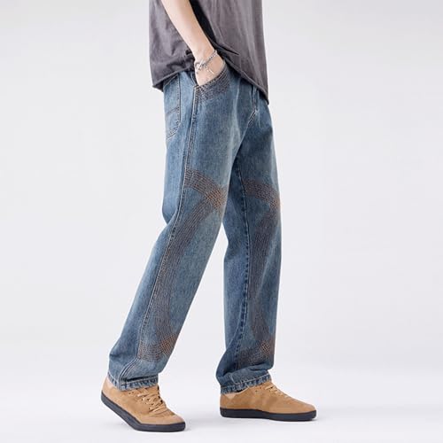 Men’s Baggy Jeans Wide Leg Elastic Cuff Denim Pants with Geometric Cross Stitch Detail Vintage Washed Finish4