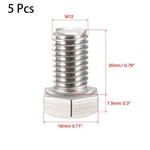 Image of 5 Pcs M12 Hex Bolt M12-1.75 x 20mm UNC Hex Head Screw Bolts A2-70(304) Stainless Steel Fully Threaded Hex Tap Bolts,Plain Finish,Fully Threaded (M12 x 20mm)