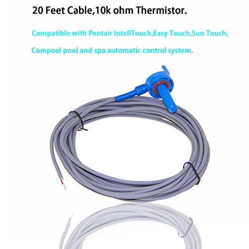 2 Pack 520272 Pool 7790 Temperature Sensor Thermistor Air/Water/Solar 20' Feet Cable For Jandy - Replacement Pool/Spa (10K-Ohm Sensor - Includes 2 Pcs 2" Pipe Clamp) #TOP6