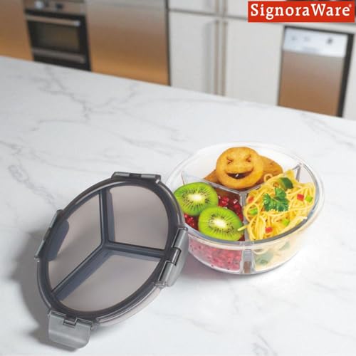 Image of Signoraware Hive Borosilicate Glass 3 Compartment Round Lunch Box | Airtight & Leakproof Multi-Section Container | Microwave Safe | Ideal for Office Lunch & Outdoors (900ml | Clear)