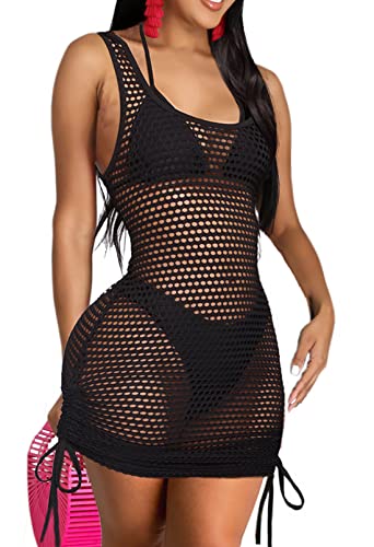 Sexycherry Women's Sexy Swimsuit Cover Ups Bodycon Tank Sleeveless Mesh Pencil Swimwear Dresses For Beach With Drawstrings #TOP1