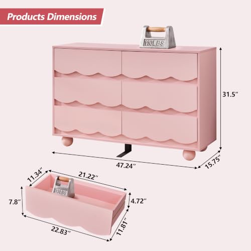 6 Drawer Dresser for Bedroom, 47.24" Wide Blush Pink Chest of Drawers with Wave Hidden Recessed Handles, Modern Wood Storage Dresser Cabinet for Girls Room & Living Room - Image 2