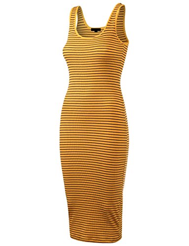 Womens Line Striped Rib Jersey Sleeveless Boat Neck Tank Top Midi Dress