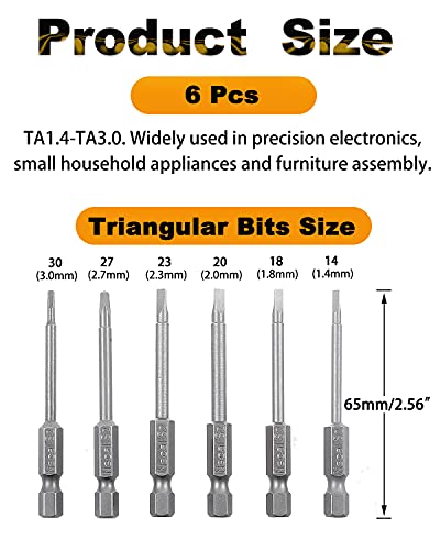 Rocaris 6 Pack 1/4 Inch Hex Shank Triangle Head Bit, S2 Steel Screwdriver Drill Set Bits Ta14, Ta18, Ta20, Ta23, Ta27, Ta30-65Mm #TOP1