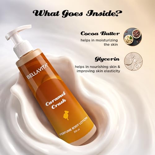 Image of BELLAVITA Caramel Crush | Perfume Body Lotion for Man and Woman | Long-lasting Hydration | Soft & Smooth Skin | Long-lasting Scent | Paraben-free | Infused with Cocoa Butter & Glycerin | 250ml