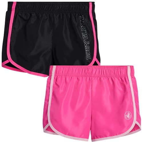 Body Glove Girls 2 Pack Athletic Gym Workout Yoga Running Shorts, Size 10, Pink Black