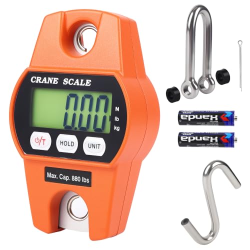 880lb/400kg Digital Crane Scale - Compact LCD Handheld Hanging Scale for Garage, Farm, Hunting, Fishing &amp; More(400kg/Aluminium Alloy/Orange)