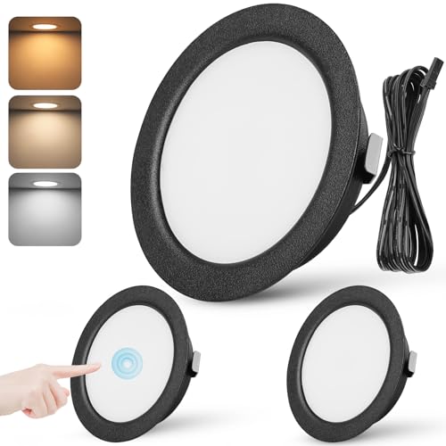 URing Downlight LED Techo Empotrable 12V Regulable 3W Ojos de Buey LED para Techo 3000K 4000K 6000K Foco 12v interior con cable 2m para Autocaravanas/Muebles, Corte 55-58mm, Pack 3, Negro