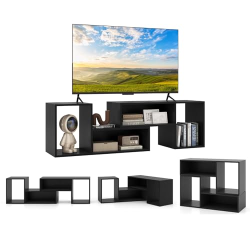COSTWAY Mobile Porta TV Combinabile a 2 Pezzi, per TV Fino a 60'', Mobile TV a Angolo Soggiorno in Legno, con 4 Vani Aperti, Tavolo Media TV Multifunzionale, per Soggiorno, Camera da Letto (Nero)