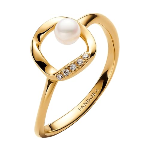 Pandora Organisch Geformter Pavé Kreis & Behandelte Süßwasserzuchtperle Ring aus 14 Karat Vegoldung, mit Cubic Zirkonia, aus der Essence...