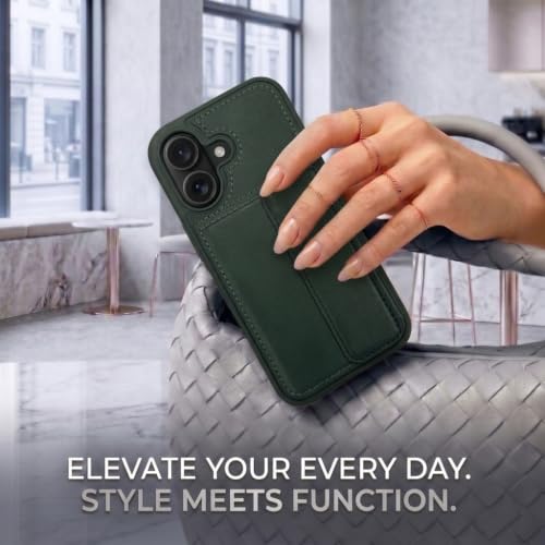 Image of amazon basics Luxury Vegan Leather Back Cover for iPhone 16 | Built-in Card Holder Slot | Integrated Mobile Stand | Slim Shockproof Protective Case with Stitched Finish - Green
