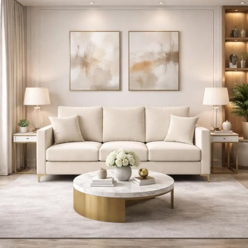 Image of Hayes Rich Velvet Suede 3 Seater Sofa | Golden Aesthetic Legs | Spacious Soft Touch Comfort Seating | Modern Sofa for Living Room-Cream Color