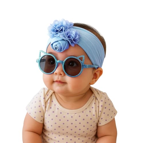 Image of SYGA Baby Rose Flower Stretchable Headband With Uv Protection Cat Type Sunglasses Stylish Combo For Toddlers And Kids (Blue)