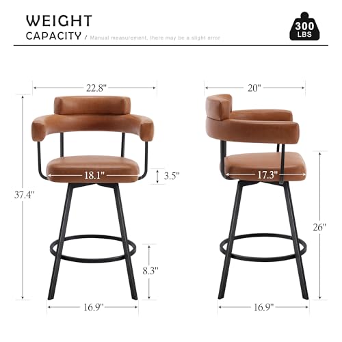 Butacos giratorios de estilo mid-century modern, altura de barra (26 pulgadas), cuero sintético marrón, respaldo abierto envolvente, patas metálicas, pedal anular, para isla de cocina y bar en casa — Set de 2 miniatura 2