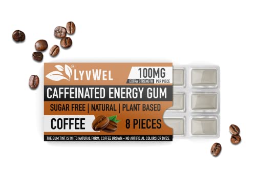 LyvWel Energy Gum | 100mg Caffeine per gem | All Natural | Sugar-Free Pre-Workout Boost: Your Essential Energy Supplement to Stay Awake- 3 Pack (Coffee)