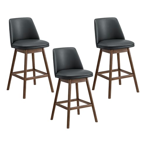 Image of ROME + OAK Rowan 26 inch Swivel Counter Height Stool, Walnut Finish, Set of 3 | Black Vegan Leather Upholstered Seat for Kitchen, Dining Room & Counter Height Seating