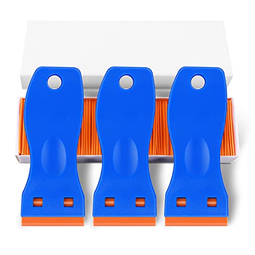 Grevosea 3Pcs Plastic Scraper Tool, Plastic Razor Scraper Tool with 100 Plastic Razor Blades Blue Razor Blade Scrapers for Sticker Labels Decals Remover Window Cleaning