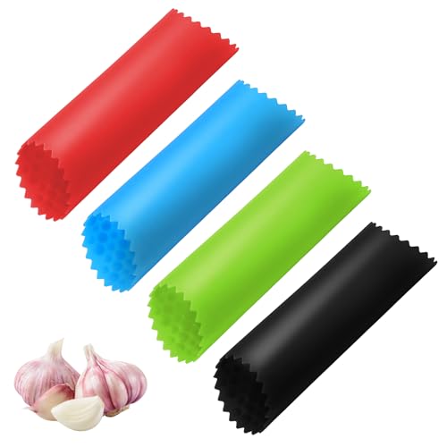 Classicseali Lot de 4 éplucheurs d'ail, éplucheur à ail en silicone, rouleau à ail facile pour presse-ail, éplucheur à légumes, outils de cuisine (rouge, noir, vert, bleu)