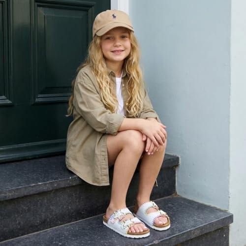 Image of CUSHIONAIRE Lily Girl Toddler Sandals with Adjustable Gold Tone Star Buckles and Cushioned Cork Footbed Slip On Girls Slides for Kids